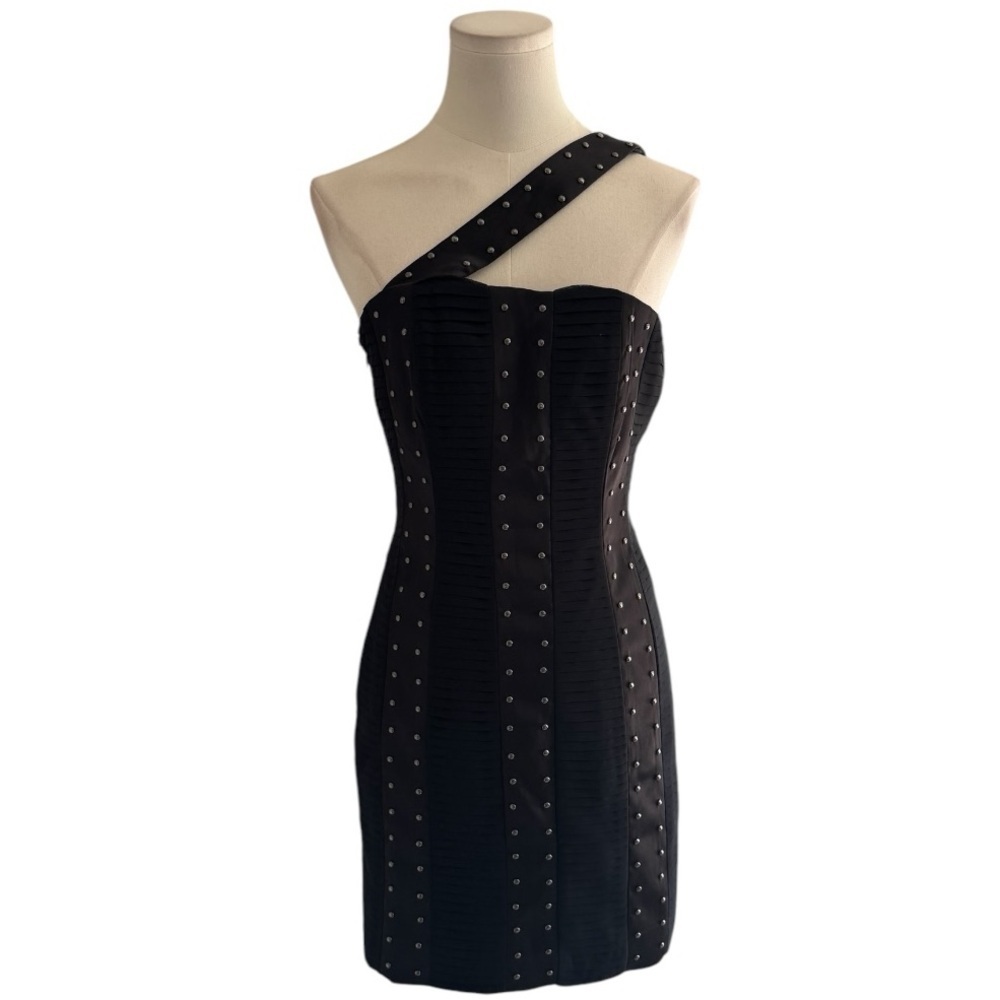 Laundry Shelli Segal Black Pleated Studded Sheath Dress Crossover Shoulder SZ 2